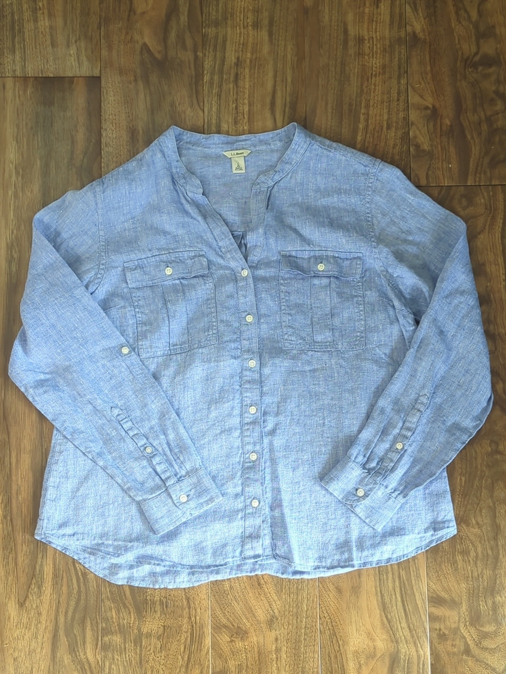L.L. Bean Heathered Blue 100% Linen Button-Down Shirt